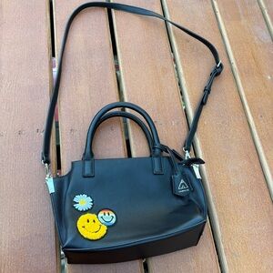 Black Bag with Decorative Patches - Smiley face and flower